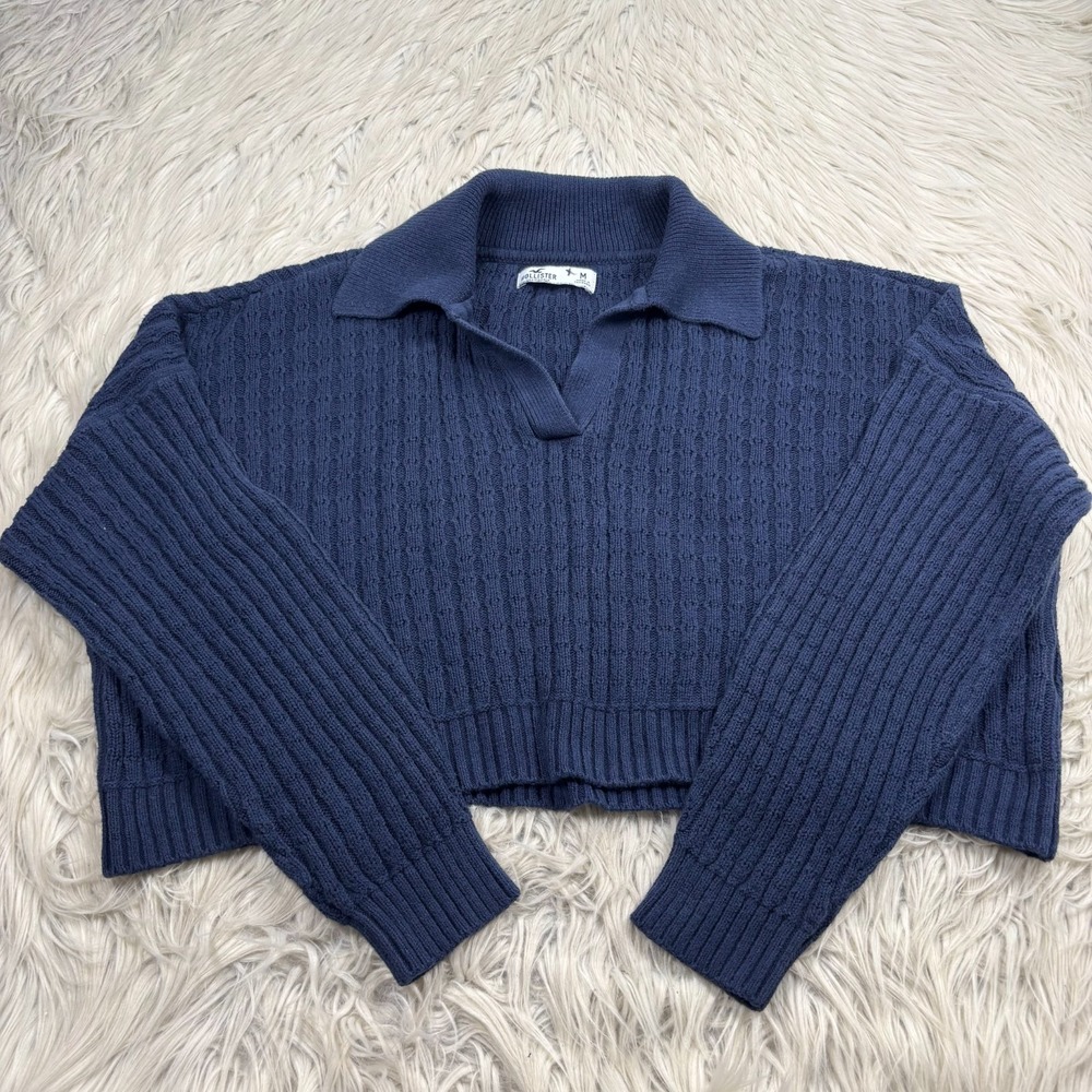 Hollister Women's M Navy Boxy Cropped Polo Sweater Preppy Academia Heritage